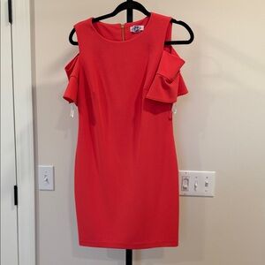 Calvin Klein Coral Red Cold-Shoulder Ruffle Sheath Dress